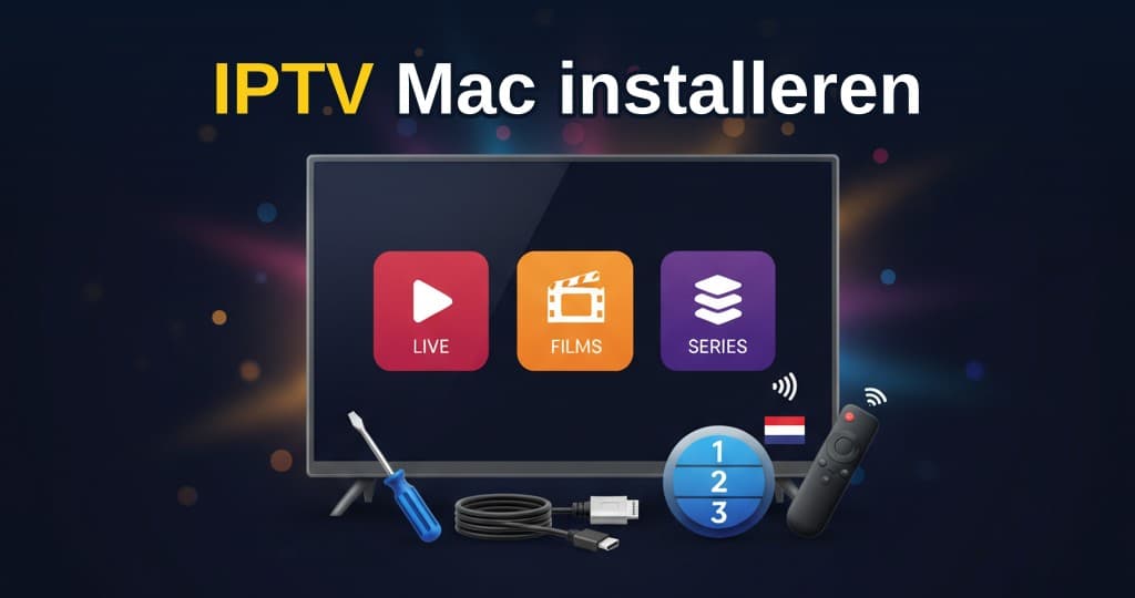 MacBook met IPTV-app open op het bureaublad, met een live tv-gids en HD-stream op het scherm