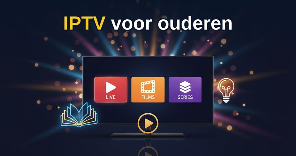 Een oudere man en vrouw zitten op de bank en kijken naar een IPTV-app op een smart-tv, met een kop thee op tafel en een tablet ernaast.