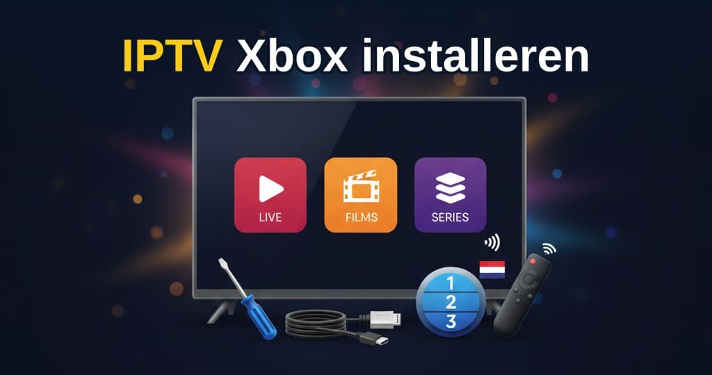 Persoon installeert IPTV-app op Xbox Series X met controller en tv op de achtergrond