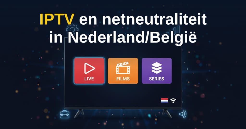 Kaart van Nederland en België met IPTV-kanaallijst en snelheidsmeter als symbool voor netneutraliteit