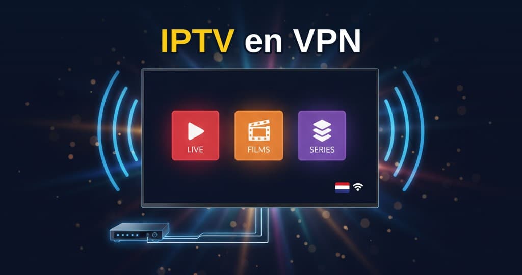 Afbeelding van een IPTV-streamingapparaat met een VPN-verbinding, met Nederlandse en Belgische vlaggen op de achtergrond.