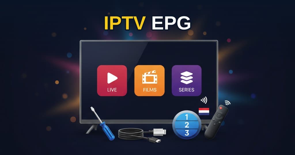 Overzicht van IPTV EPG instellingen op een televisiescherm met zenderlijst en programmainformatie.