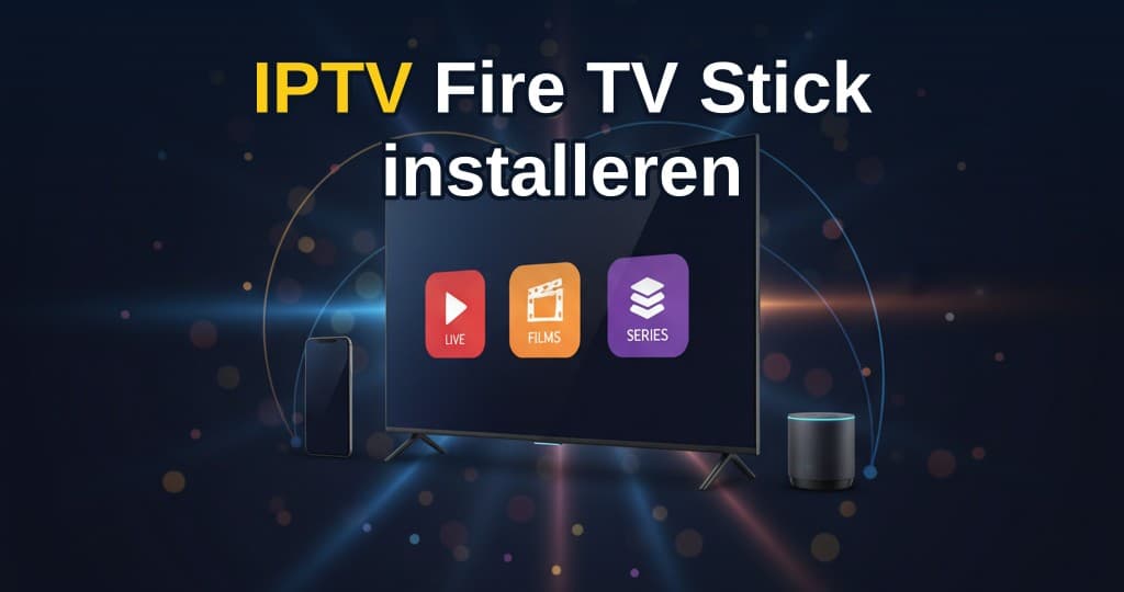 Fire TV Stick op tv-scherm met IPTV-app open en afstandsbediening op tafel