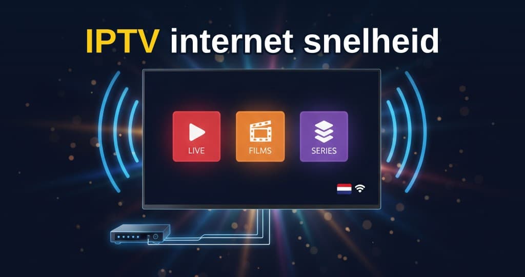 Persoon bekijkt IPTV via een smart-tv met snelheidsmeter op de achtergrond, symbool voor benodigde internetsnelheid voor IPTV.