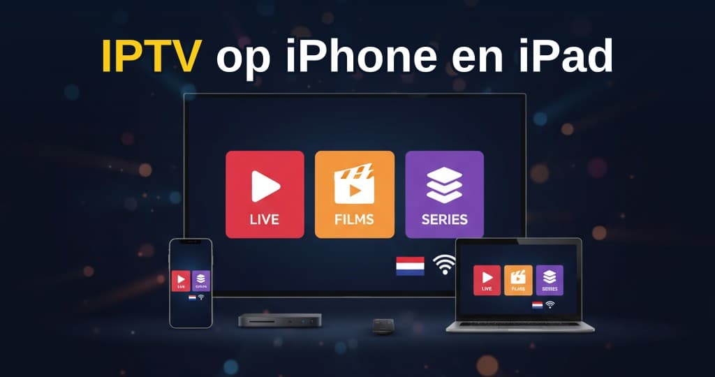 Persoon die een IPTV-app op een iPhone en iPad configureert met een overzicht van zenders op het scherm