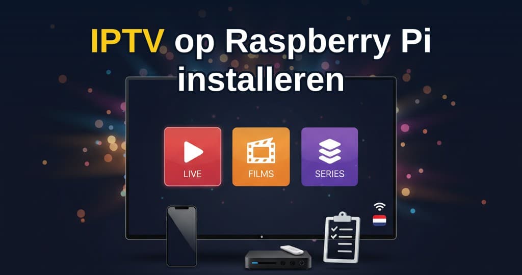 Raspberry Pi aangesloten op een tv met IPTV-app open, inclusief een IPTV Kopen-abonnement op het scherm