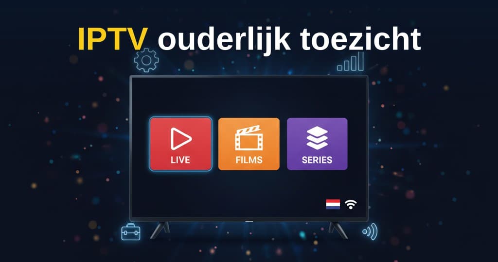 Ouderlijk toezicht op IPTV: een tablet met een kind dat tv kijkt, met een sloticoon en instellingenscherm op de achtergrond.