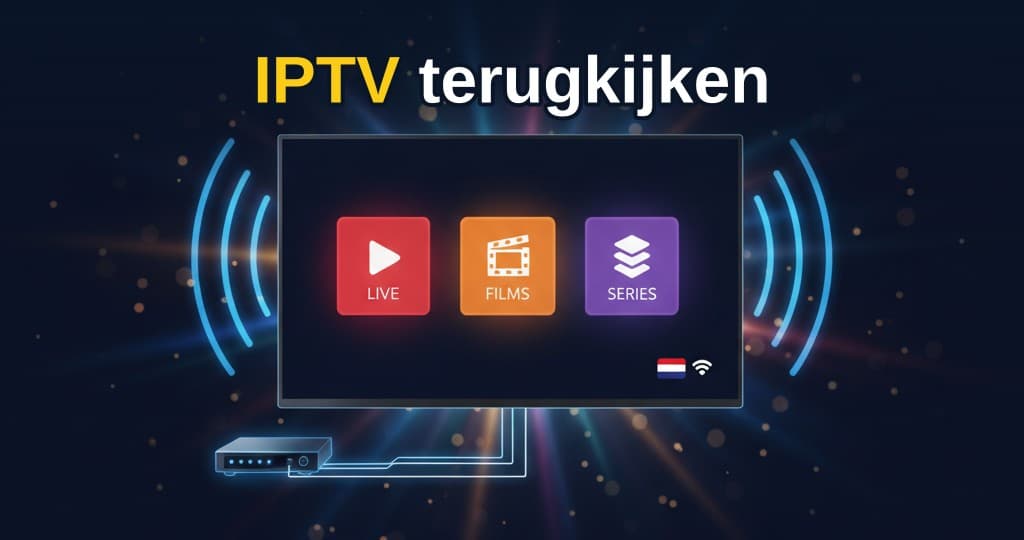 IPTV terugkijken op een smart-tv met afstandsbediening, met een overzicht van gemiste programma's.