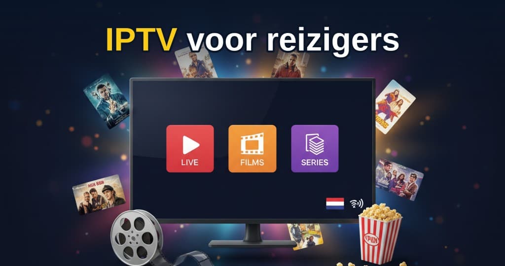 Reiziger met smartphone op luchthaven kijkt IPTV op tablet met koptelefoon, omringd door bagage