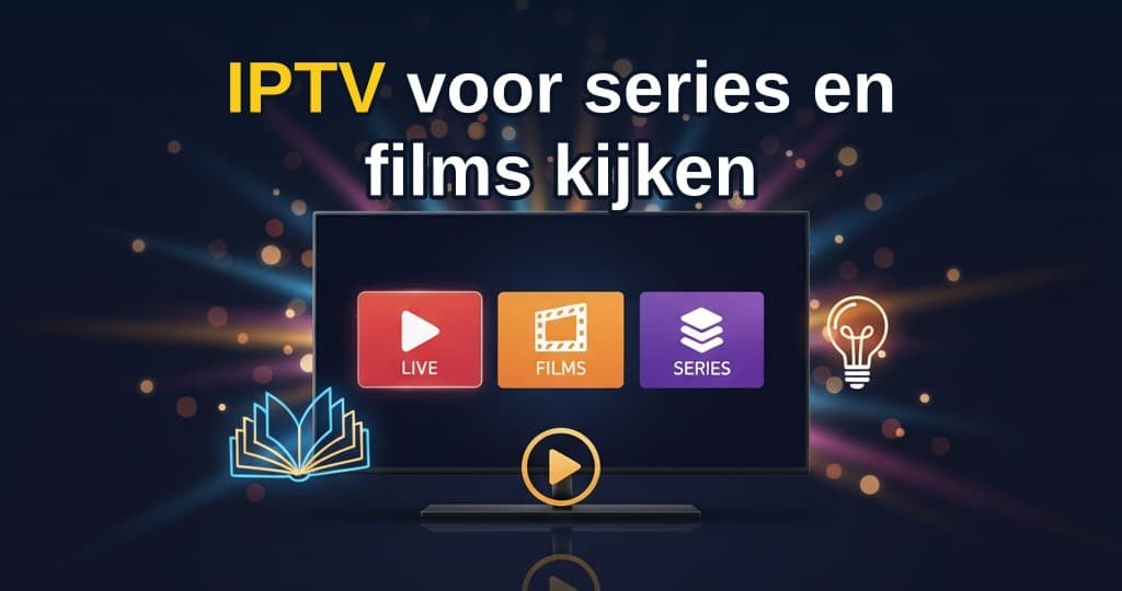 Persoon kijkt naar een serie op een smart-tv met een IPTV-app, waarbij een overzicht van film- en serieposters te zien is