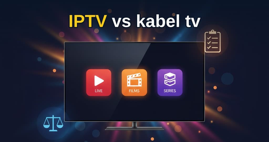 Vergelijking tussen IPTV en kabel-tv met iconen voor streamen en kabelaansluiting.