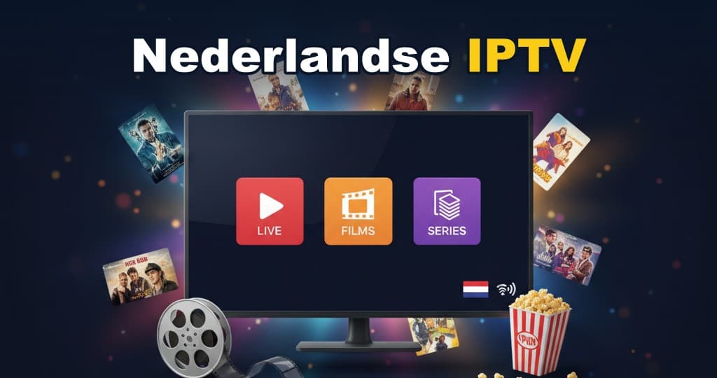 Nederlandse IPTV bekijken op een groot scherm met zenders in HD/4K en een afstandsbediening op tafel